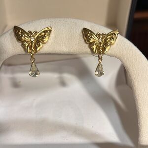 Avon Vintage Gold Tone Butterfly clear stone dangle Pierced Earrings